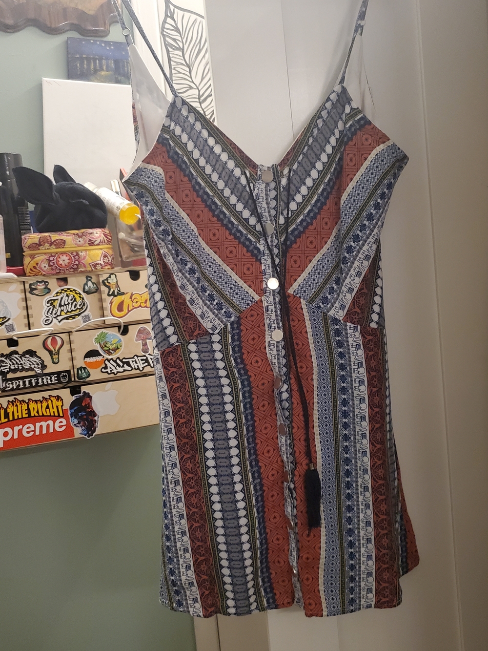 Button-Front Striped Tribal Mini Dress in Rust and Navy
